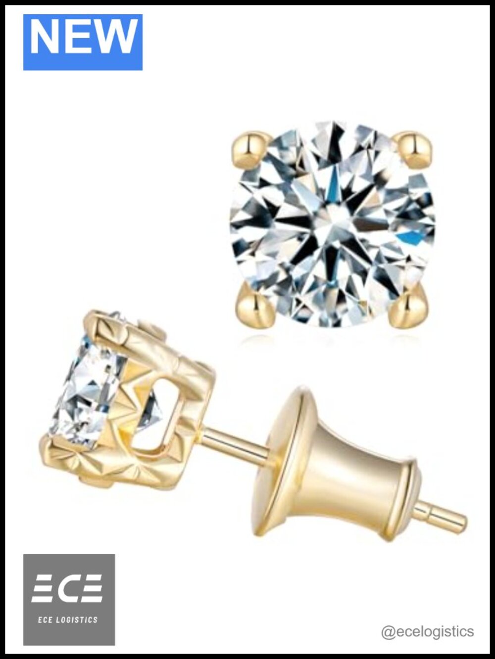 Sterling Silver Yellow Gold Finish Moissanite Stud Earrings
